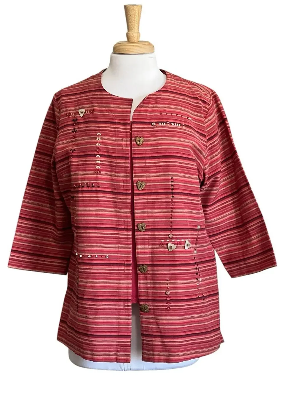 KORET Top size L Embroidered Heart Button Light Jacket Red Stripe Cotton Blend